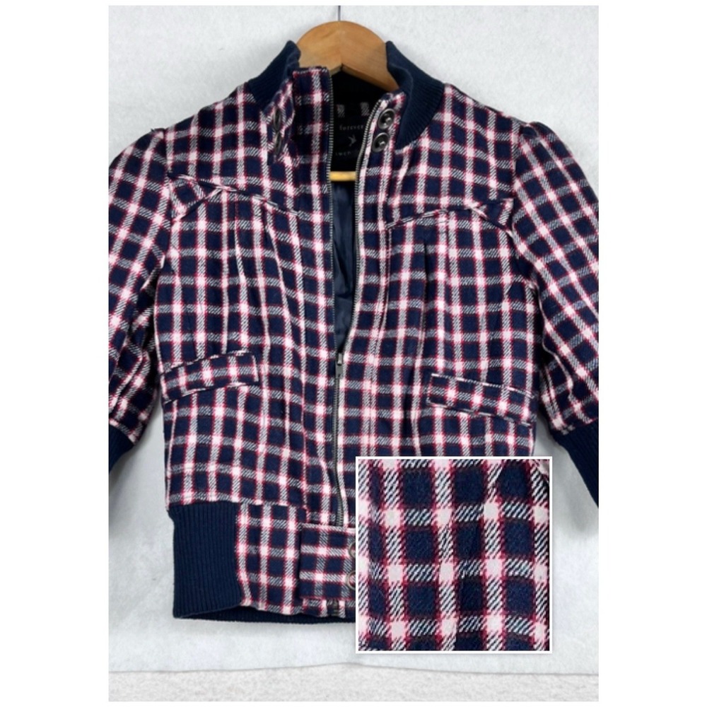 Forever 21 Cropped Plaid Jacket Womens Small | Ribbed Bomber Style Zip Up